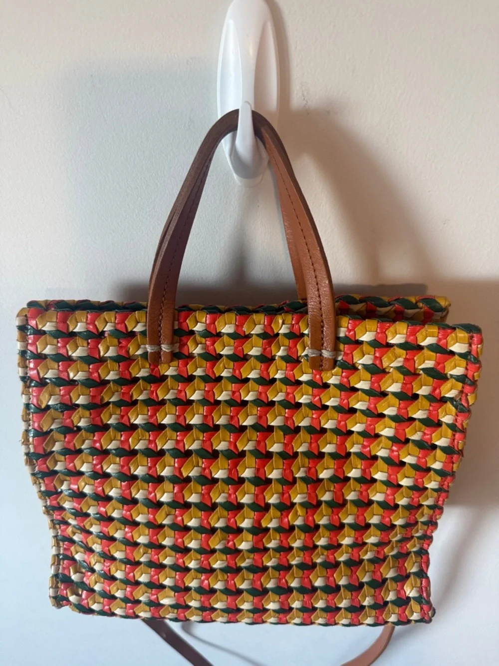 Clare V Multicolor Woven Tote in Red, Yellow & Green with Brown Handles - Picture 5 of 13